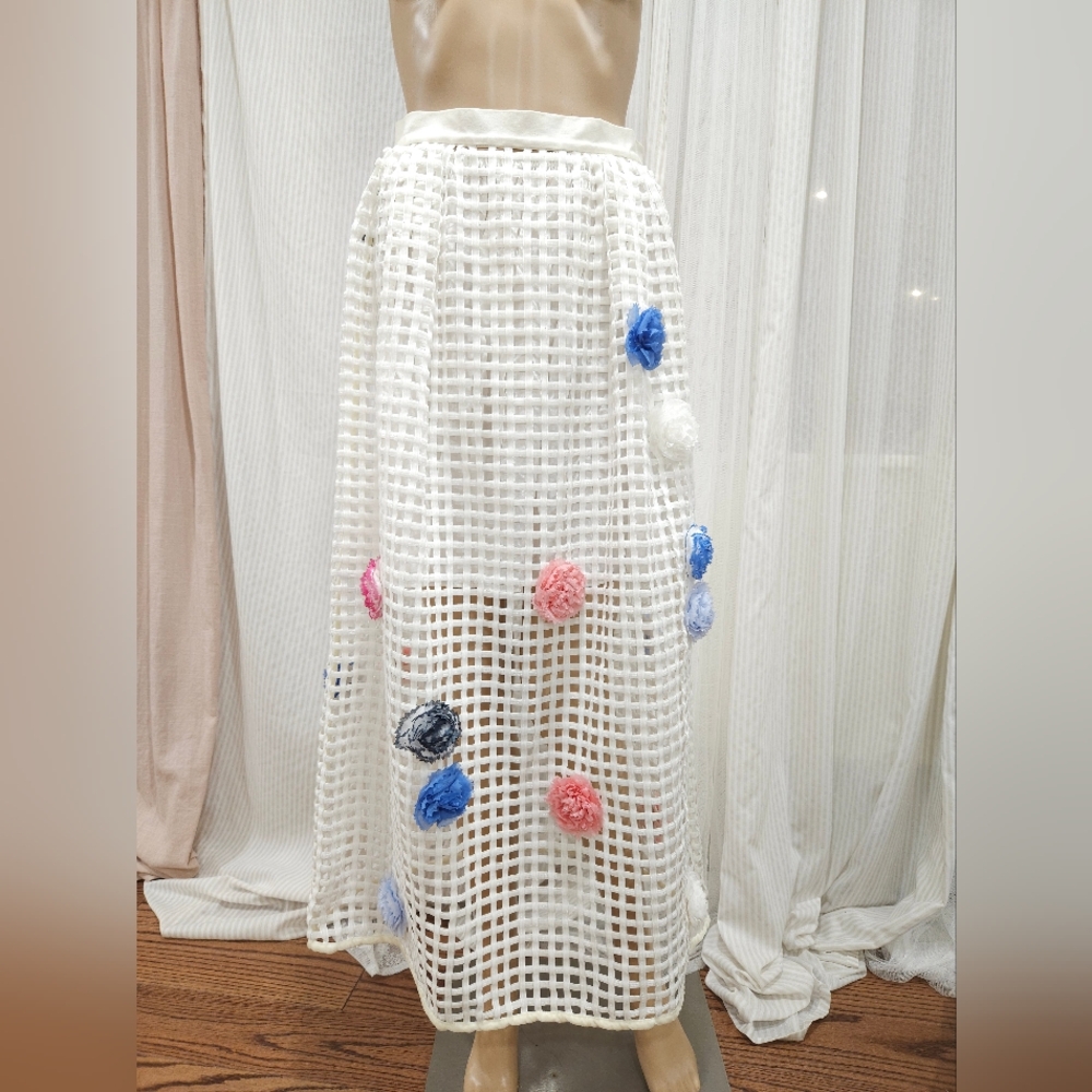 Rare Vintage White Mesh Skirt Colorful Floral Accents& Underskirt Set By Sretsis